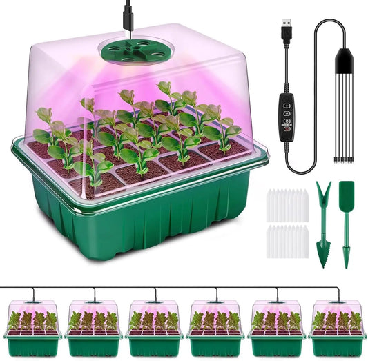 6-Pack Seed Starter Tray with Full Spectrum LED Grow Light, Adjustable Brightness & Timer, Humidity Dome, Gift Box