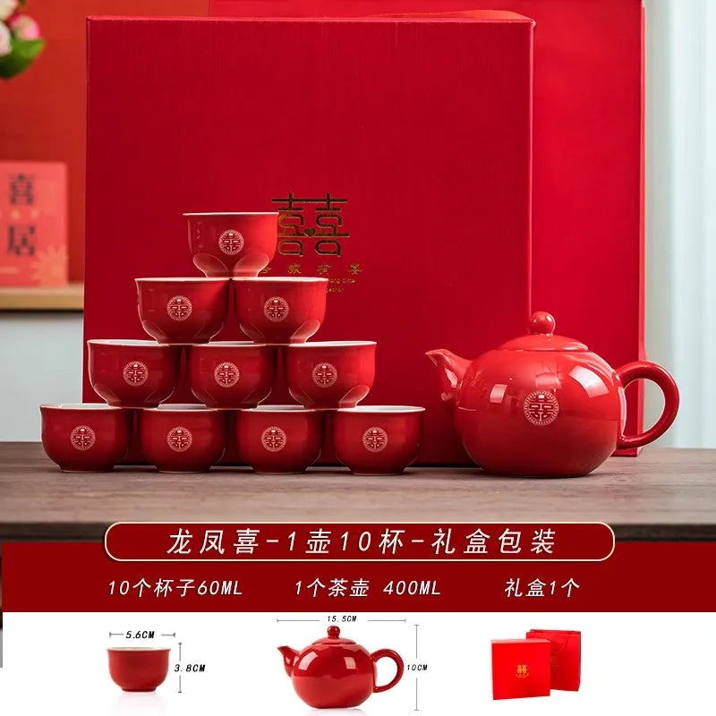 Traditional Chinese Wedding Tea Ceremony Set – Red Double Happiness Cups & Golden Tray