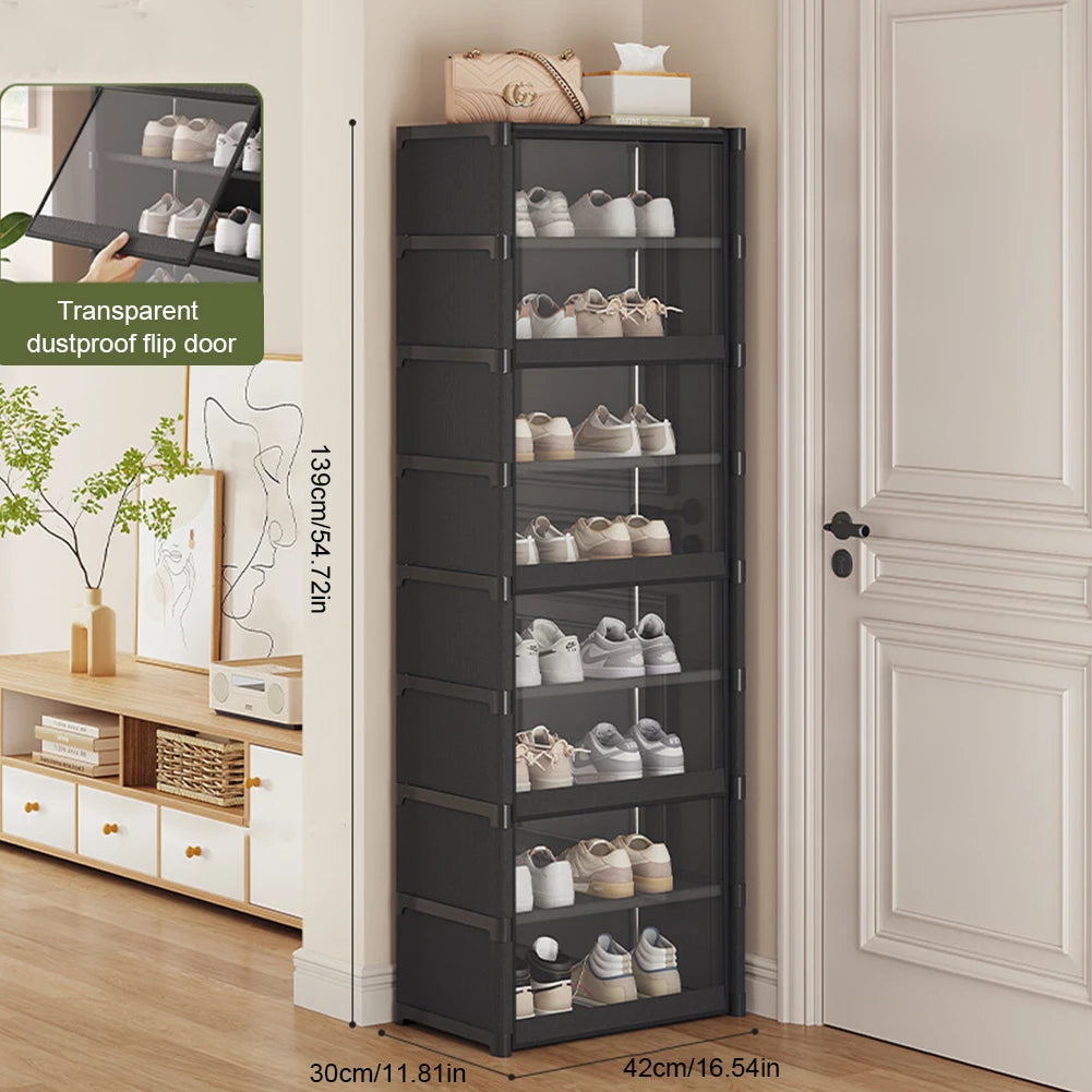 9-Tier Tall Shoe Rack with Clear Cover 18 Pair Narrow Shoes Shelf Cabinet Holds 18 Pairs Shoe Shelf Shoes Cabinet Closed Shelves