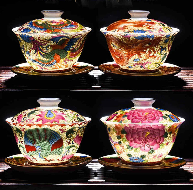 Look at this stunning 180ml colour enamel gaiwan — traditional dragon artwork, ceramic Kung Fu tea style, and perfect for any tea ceremony or décor setup