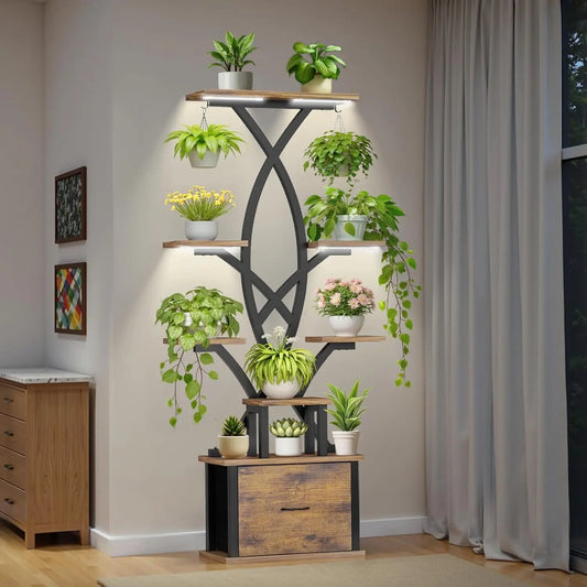 8-Tier Corner Plant Stand with Grow Lights, Storage Drawer, and Hooks for Indoor Plants - 65" Tall Metal Shelf