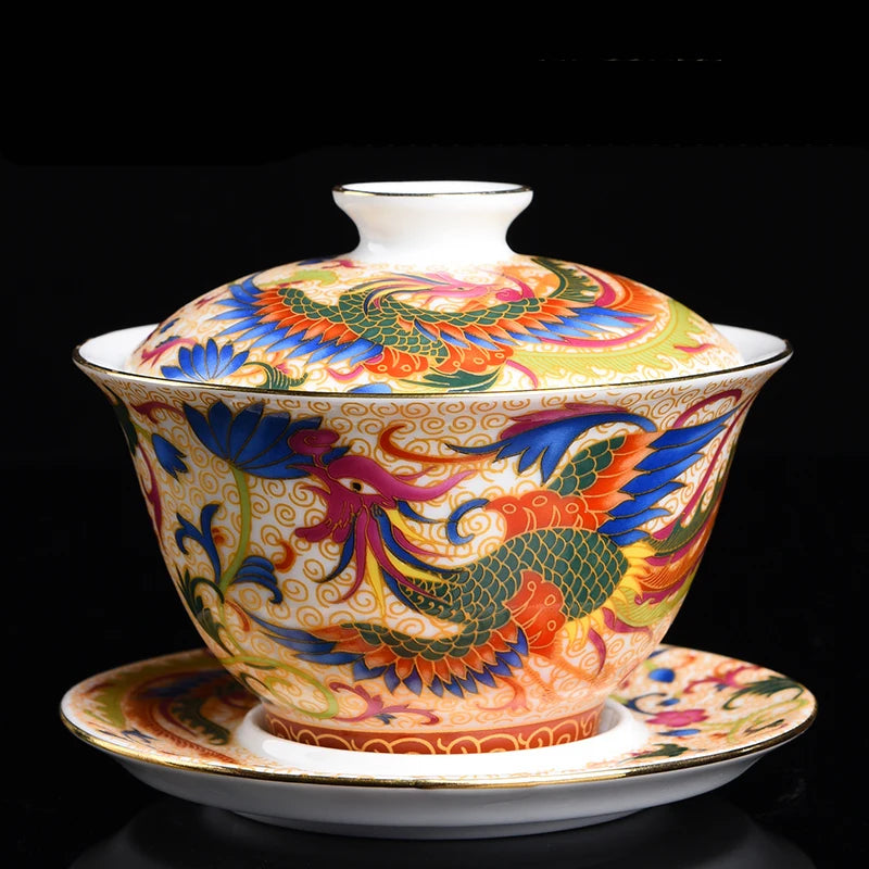 Look at this stunning 180ml colour enamel gaiwan — traditional dragon artwork, ceramic Kung Fu tea style, and perfect for any tea ceremony or décor setup