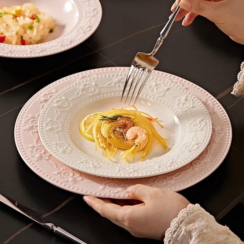 Relief French‑cream ceramic set — a high‑value household combo with rice bowl, vegetable plate, and matching chopsticks.