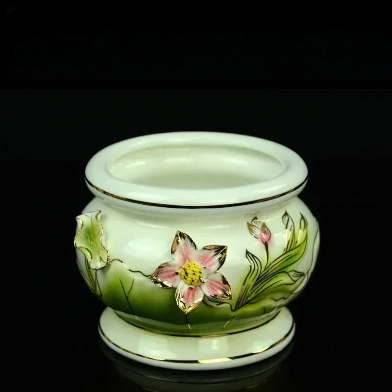 Creative ceramic relief with golden lotus flower incense burner for home use Buddha fruit tray water cup feng shui.