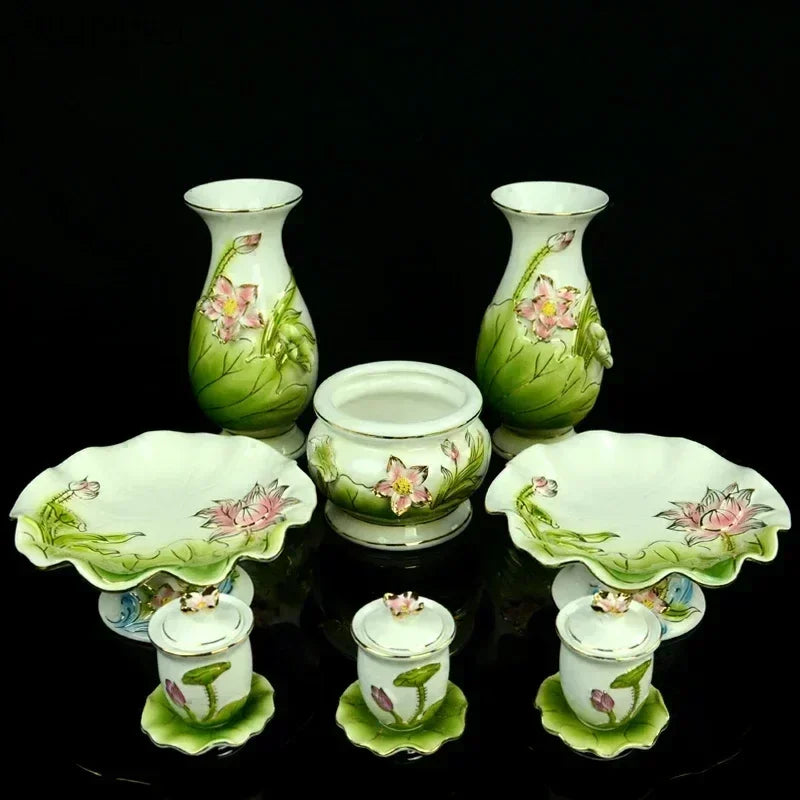 Creative ceramic relief with golden lotus flower incense burner for home use Buddha fruit tray water cup feng shui.