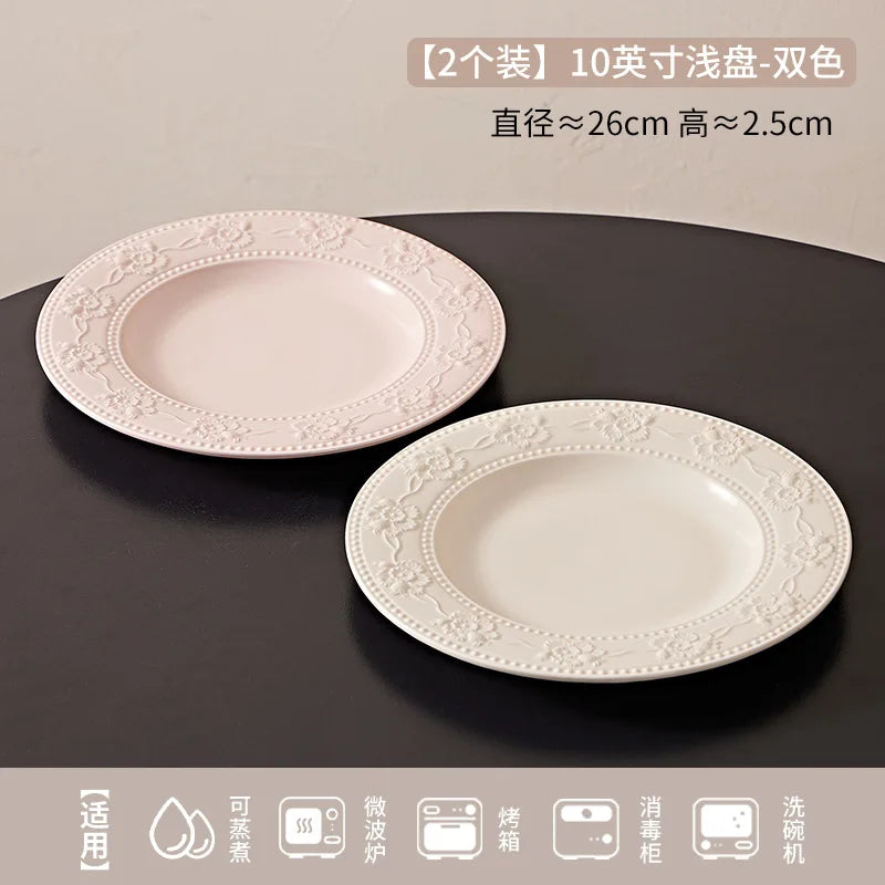 Relief French‑cream ceramic set — a high‑value household combo with rice bowl, vegetable plate, and matching chopsticks.