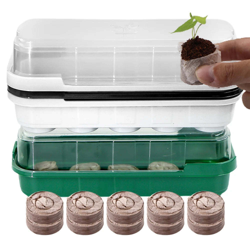 10‑Cell Seedling Trays Germination Box with Nursery Block Peat Pellets & Transparent Cover.