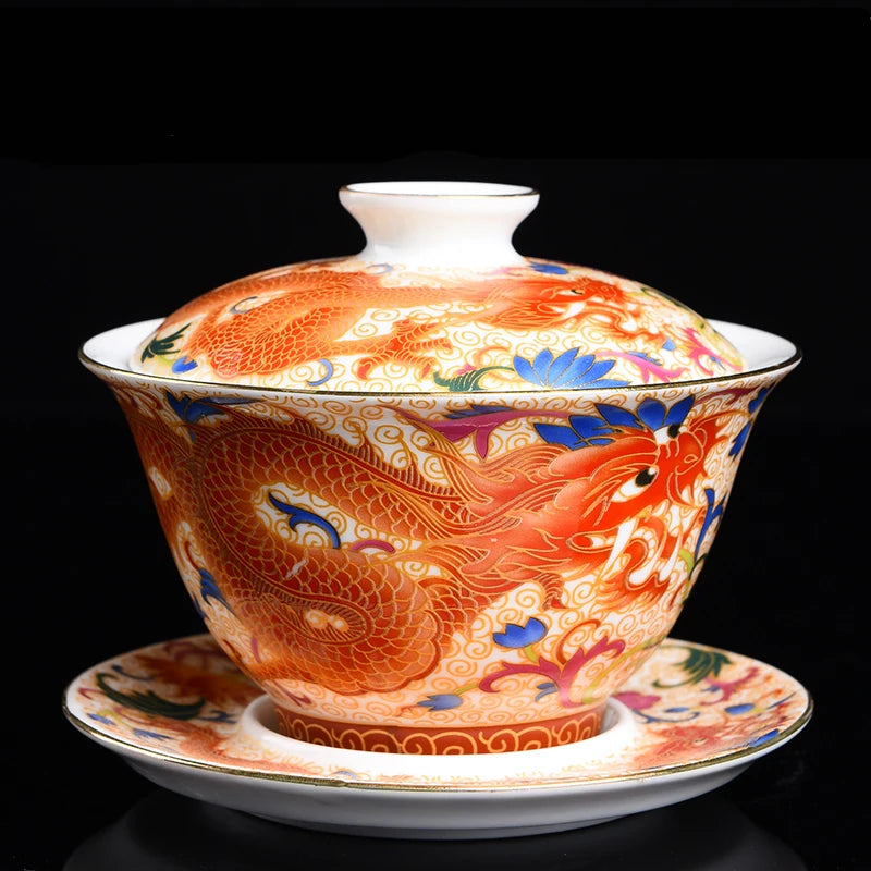 Look at this stunning 180ml colour enamel gaiwan — traditional dragon artwork, ceramic Kung Fu tea style, and perfect for any tea ceremony or décor setup