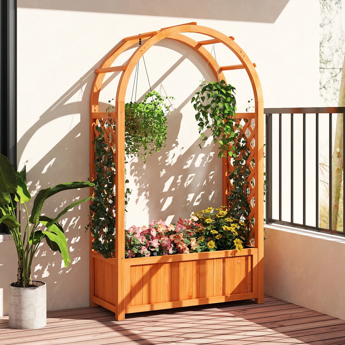 Raised Garden Bed Wooden Elevated Planter Box w/ Lattice Trellis & Ached Roof