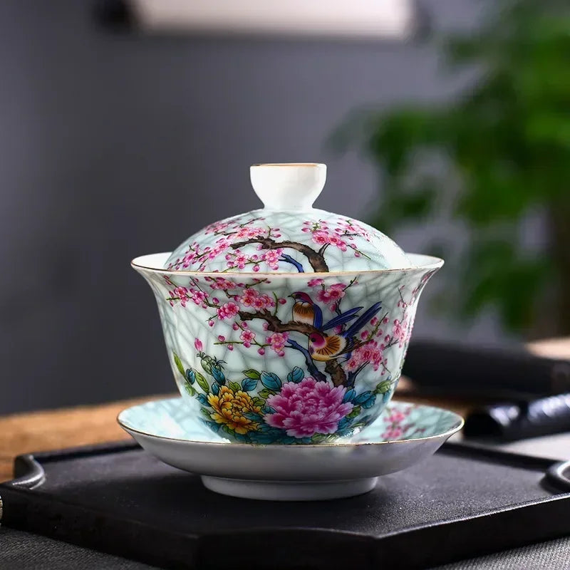 Jingdezhen-Chinese Gaiwan Tea Bowl, Household Porcelain Cups, Beautiful Teaware Teacup and Saucer Set, Ceramic Drinkware Tureen
