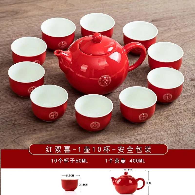 Traditional Chinese Wedding Tea Ceremony Set – Red Double Happiness Cups & Golden Tray