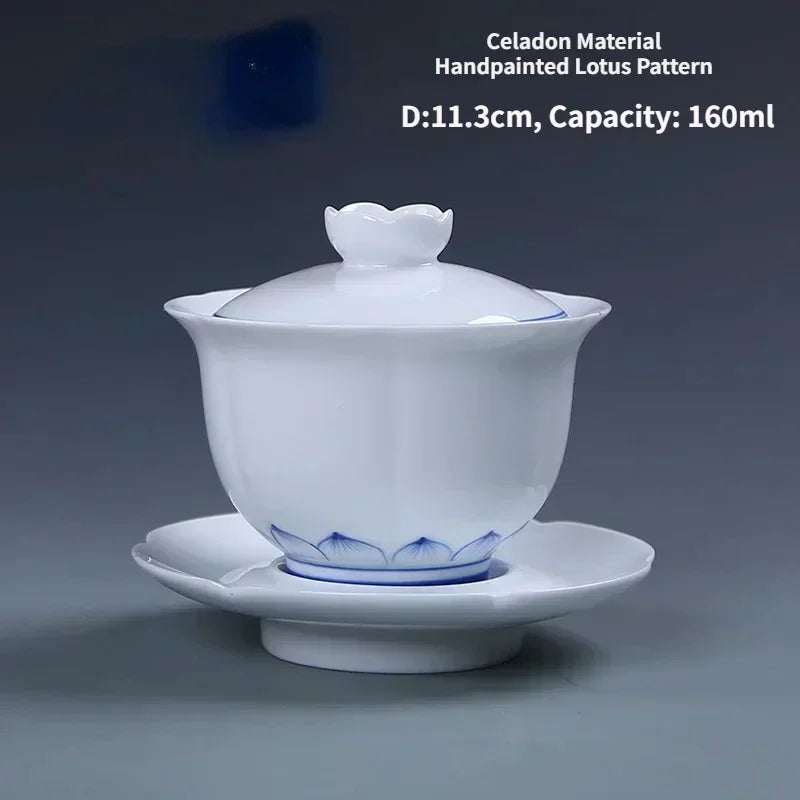 Jingdezhen-Chinese Gaiwan Tea Bowl, Household Porcelain Cups, Beautiful Teaware Teacup and Saucer Set, Ceramic Drinkware Tureen