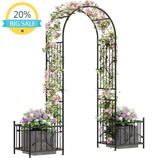 Create a stunning garden entrance with this 86" Metal Arbor. Built‑in planter boxes and sturdy support make it perfect for climbing plants, weddings, parties, and elegant outdoor décor.