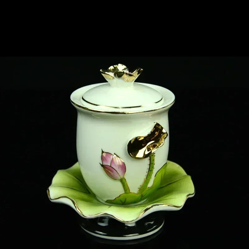 Creative ceramic relief with golden lotus flower incense burner for home use Buddha fruit tray water cup feng shui.
