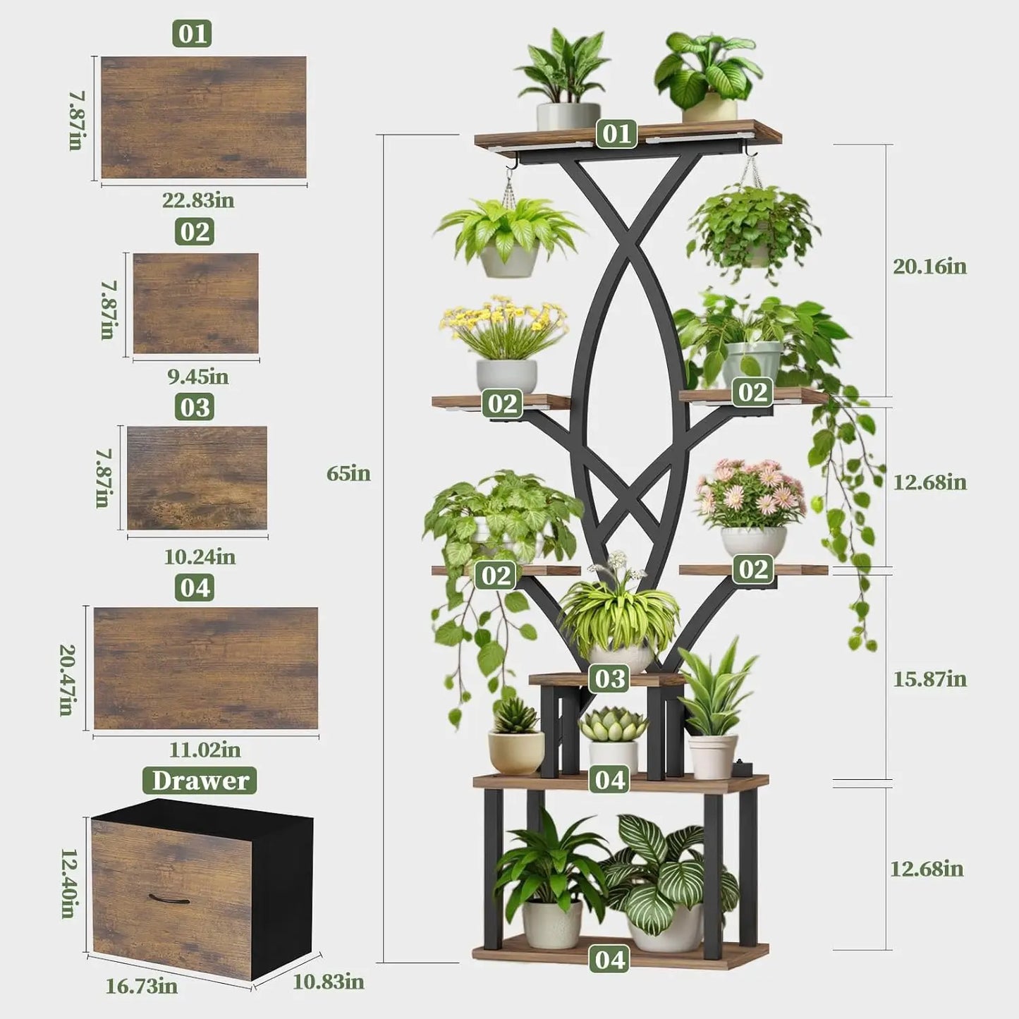 8-Tier Corner Plant Stand with Grow Lights, Storage Drawer, and Hooks for Indoor Plants - 65" Tall Metal Shelf