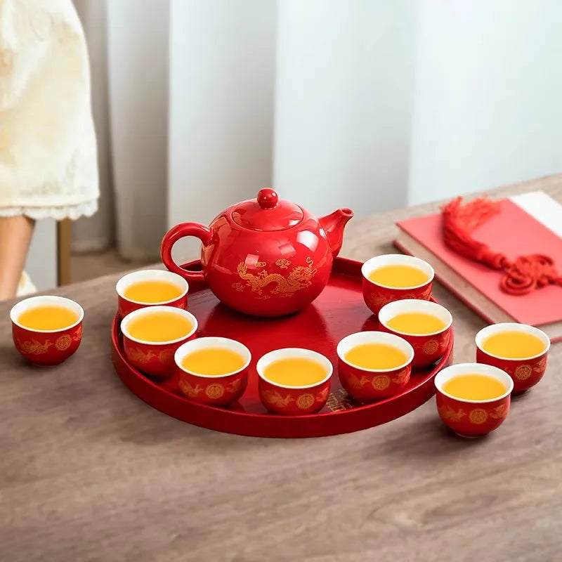 Traditional Chinese Wedding Tea Ceremony Set – Red Double Happiness Cups & Golden Tray