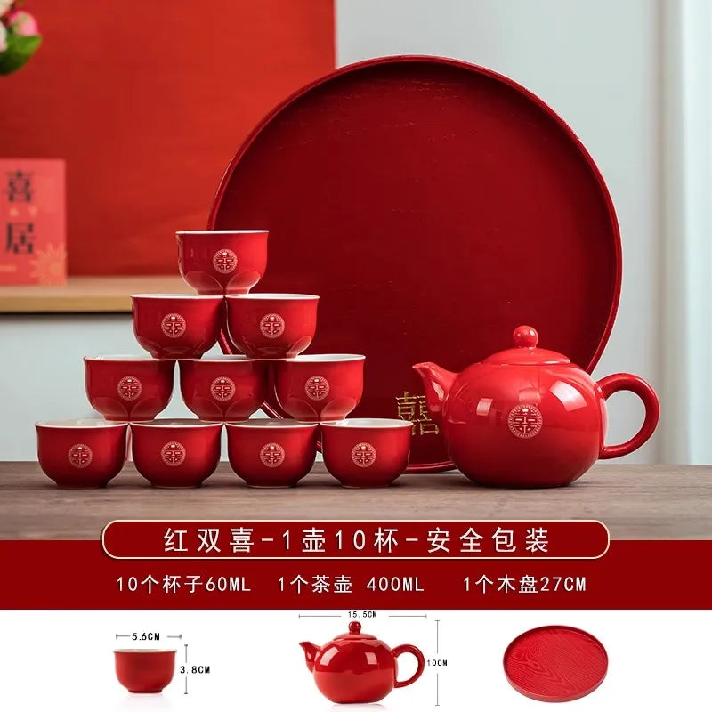 Traditional Chinese Wedding Tea Ceremony Set – Red Double Happiness Cups & Golden Tray