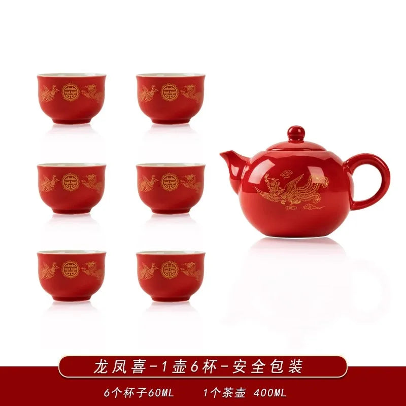 Traditional Chinese Wedding Tea Ceremony Set – Red Double Happiness Cups & Golden Tray