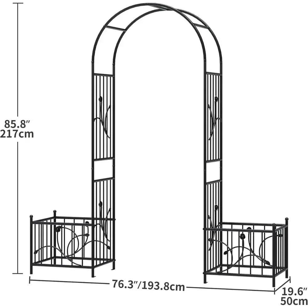 Create a stunning garden entrance with this 86" Metal Arbor. Built‑in planter boxes and sturdy support make it perfect for climbing plants, weddings, parties, and elegant outdoor décor.