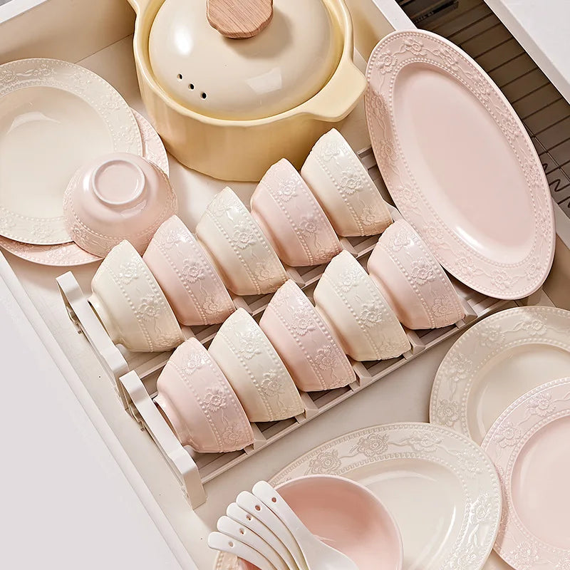 Relief French‑cream ceramic set — a high‑value household combo with rice bowl, vegetable plate, and matching chopsticks.