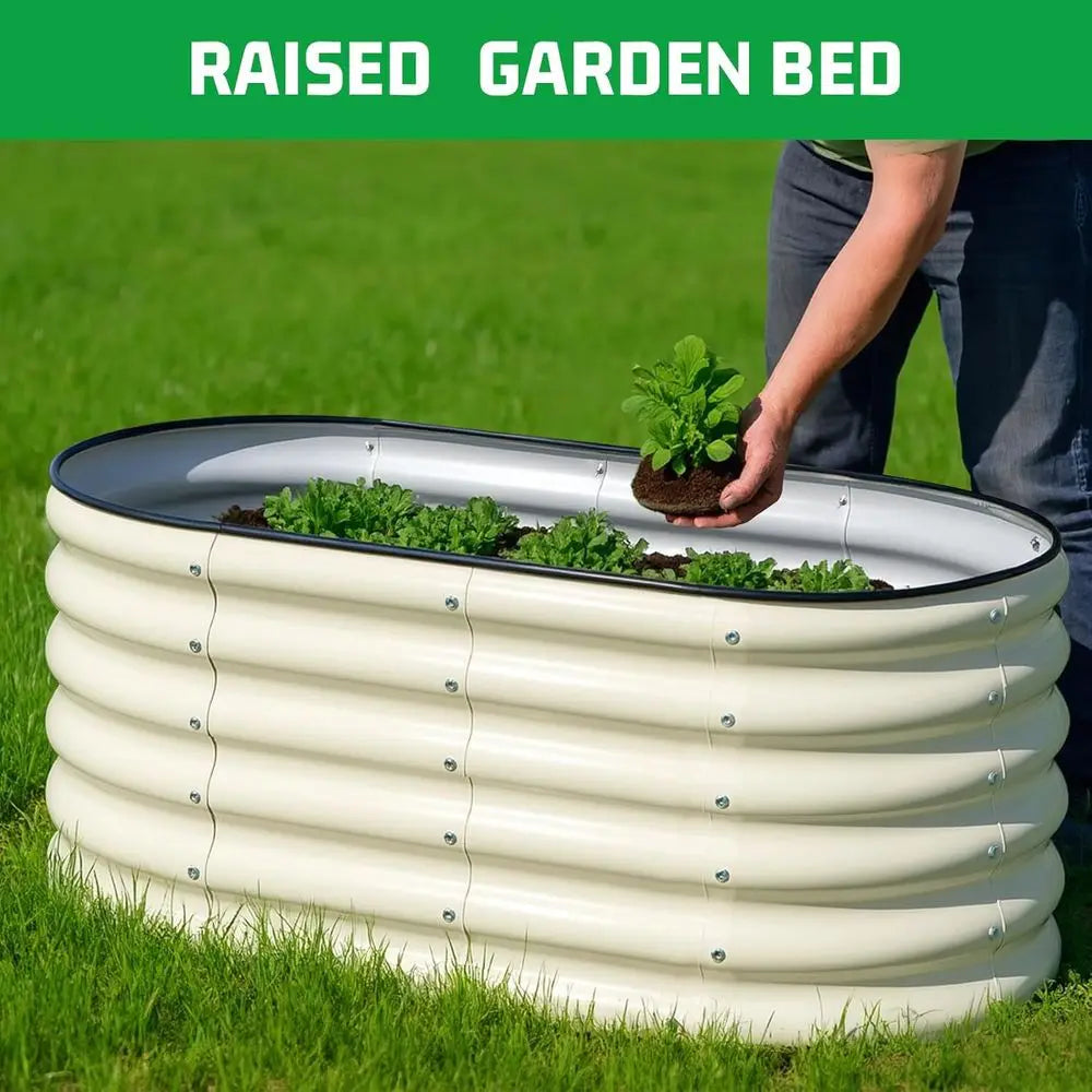 3-Piece 4x2x1.5ft Tall Oval Galvanized Garden Bed Kit, 17 for Outdoor Vegetables, Plants, Fruits, Beige White