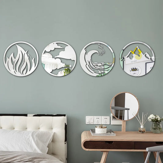 4pcs 3D Acrylic Mirror Sticker Wind Fire Water and Soil Four Elements Round Mirror Wall Sticker Living Room Bedroom Wall Decor
