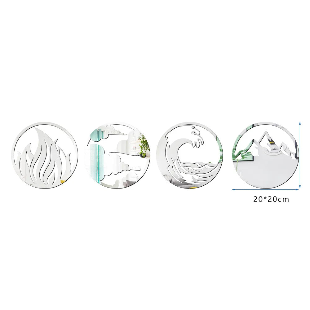 4pcs 3D Acrylic Mirror Sticker Wind Fire Water and Soil Four Elements Round Mirror Wall Sticker Living Room Bedroom Wall Decor