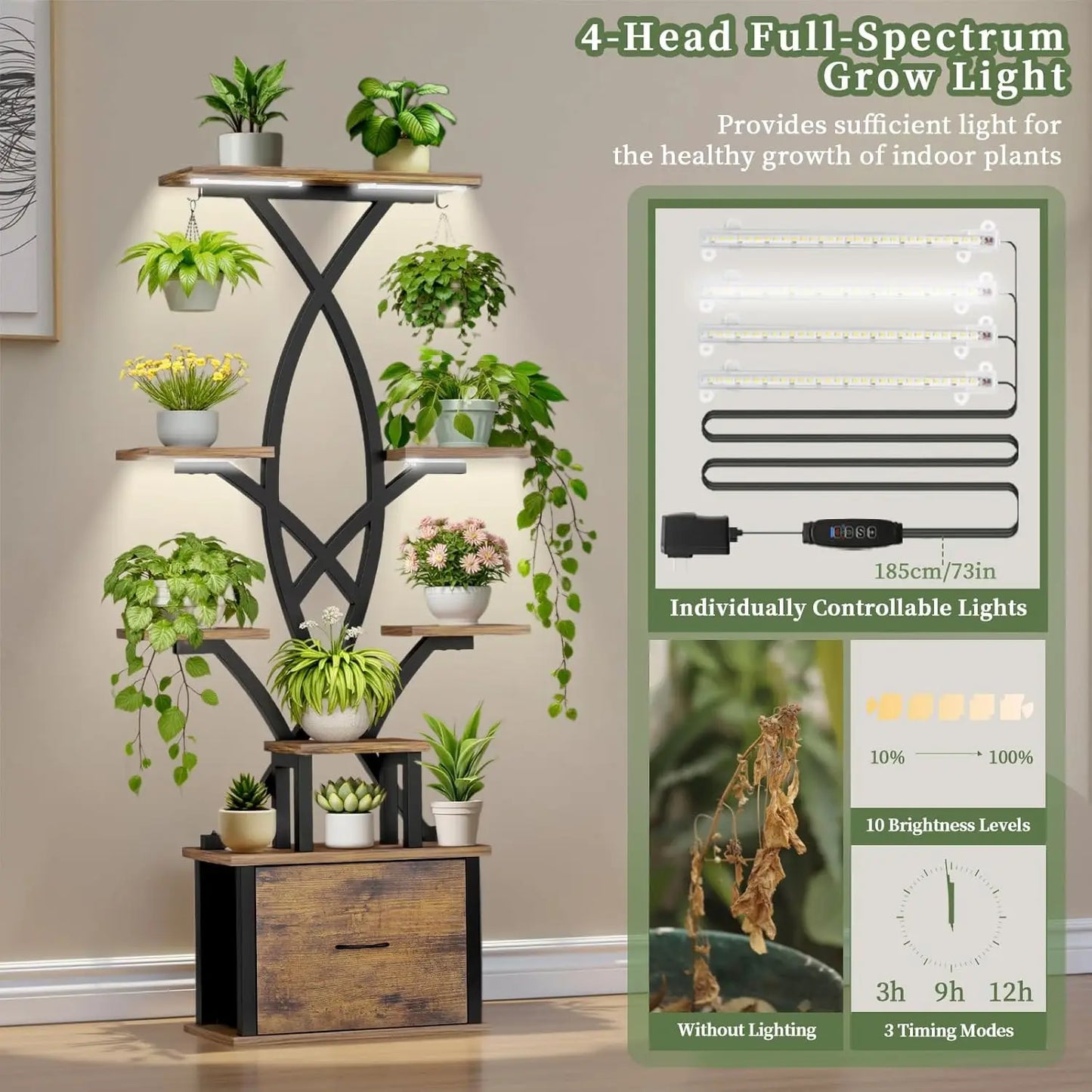 8-Tier Corner Plant Stand with Grow Lights, Storage Drawer, and Hooks for Indoor Plants - 65" Tall Metal Shelf