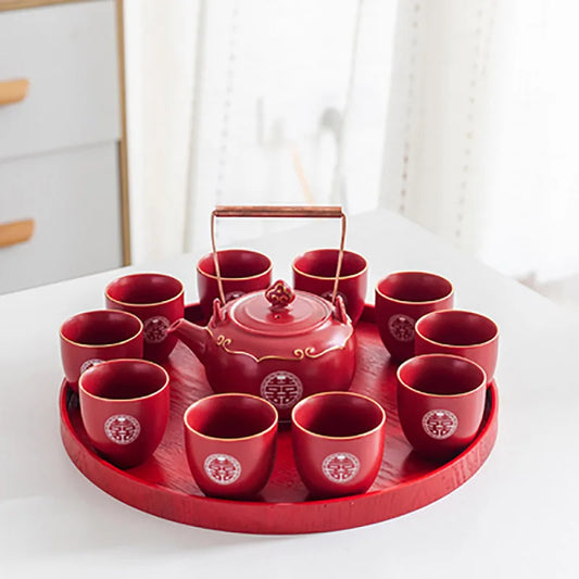 classic Double Happiness teapot paired with matching cups — vibrant red, beautifully detailed, and perfect for weddings, home décor, or thoughtful gifting.