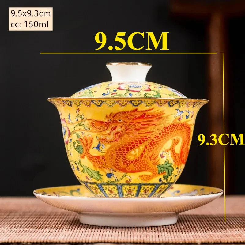 Ceramics Sancai Gaiwan Bowl Dragon and Phoenix Master Cup Tea Cup Handmade Enamel Color Tea Bowl High-end Respect Tea Set
