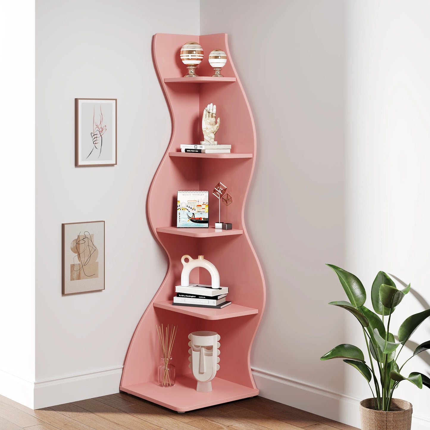 Tribe signs Corner Shelf, Modern 5-Tier Wall Corner Bookshelf, Stylish Corner Small Bookcase Storage Rack Plant Stand