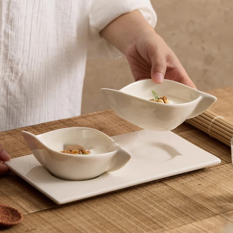 Chinese White Ceramic Shaped Small Plates with Two Compartments for Snacks and Cold Dishes Irregular Tableware Kitchen Supplies