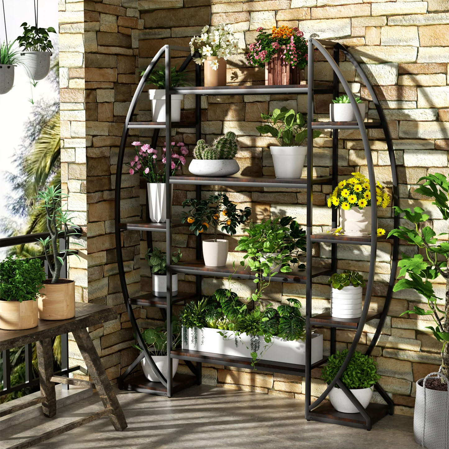 Multilayer Half‑Moon Plant Rack – Industrial Style Flower Shelf for Indoor/Outdoor Spaces