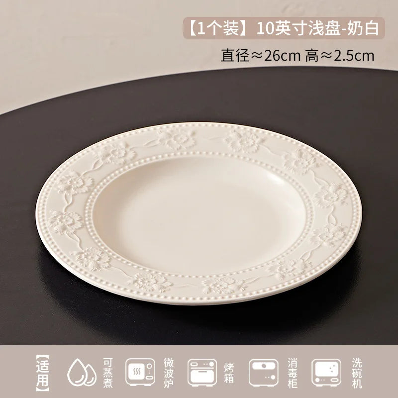 Relief French‑cream ceramic set — a high‑value household combo with rice bowl, vegetable plate, and matching chopsticks.