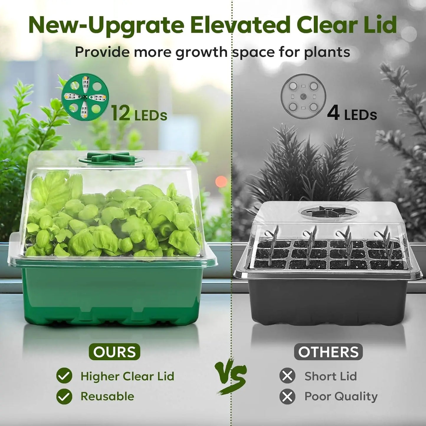Seed Starter Kit with Grow Light – Elevated Seedling Tray with Adjustable Humidity Dome, 12 Full‑Spectrum LED Beads, 6‑Pack (Green).