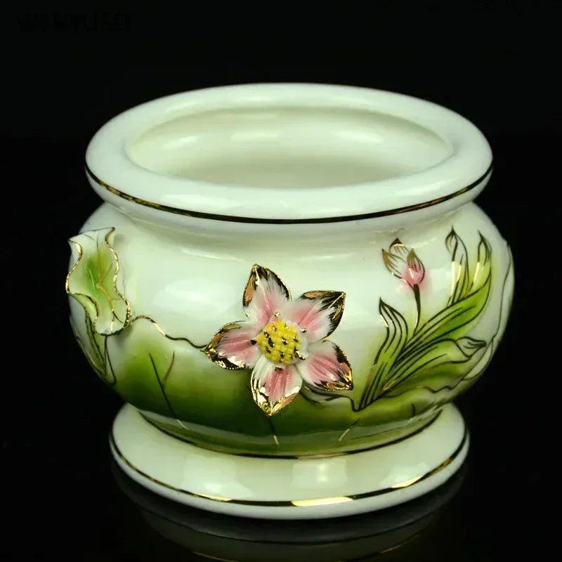 Creative ceramic relief with golden lotus flower incense burner for home use Buddha fruit tray water cup feng shui.