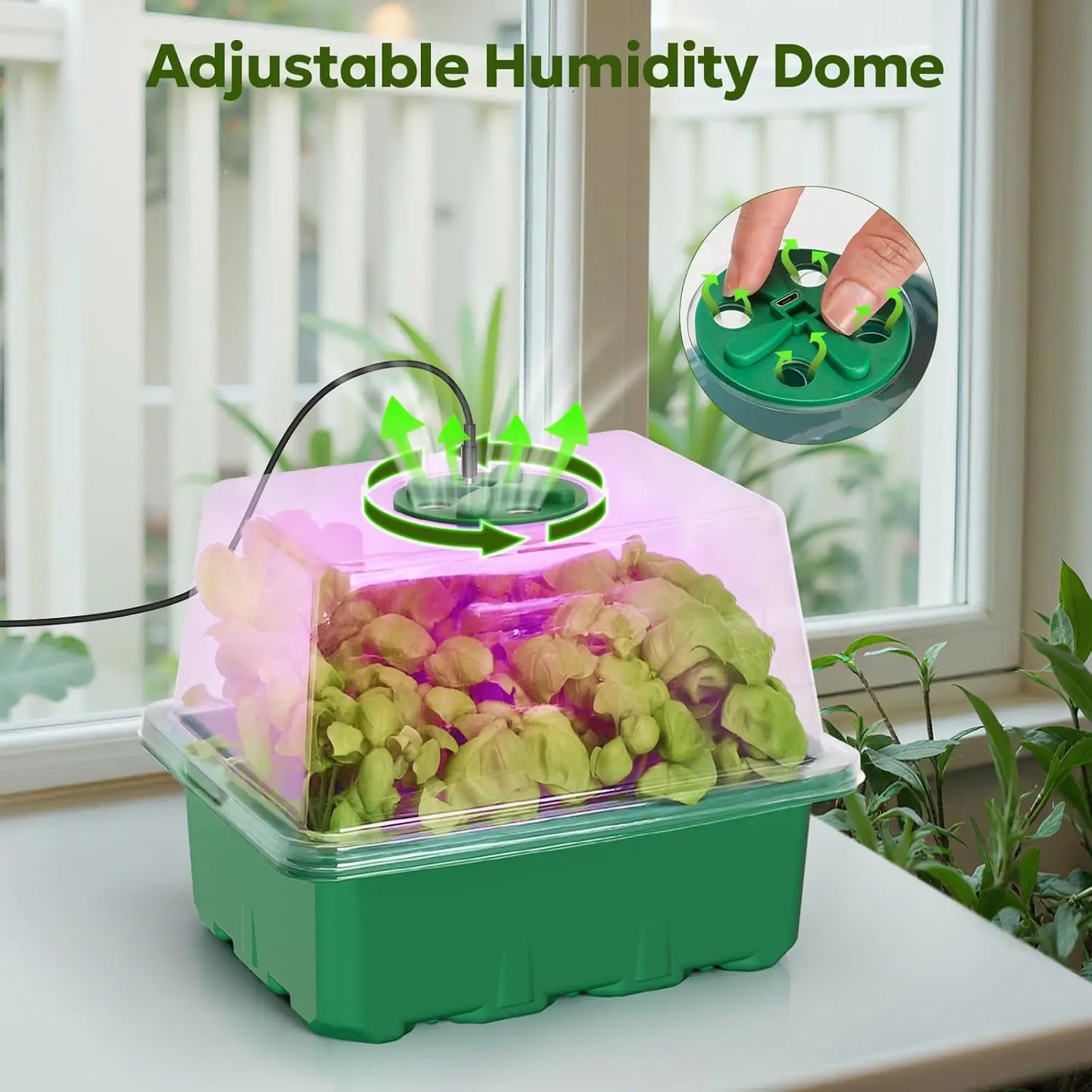 Seed Starter Kit with Grow Light – Elevated Seedling Tray with Adjustable Humidity Dome, 12 Full‑Spectrum LED Beads, 6‑Pack (Green).