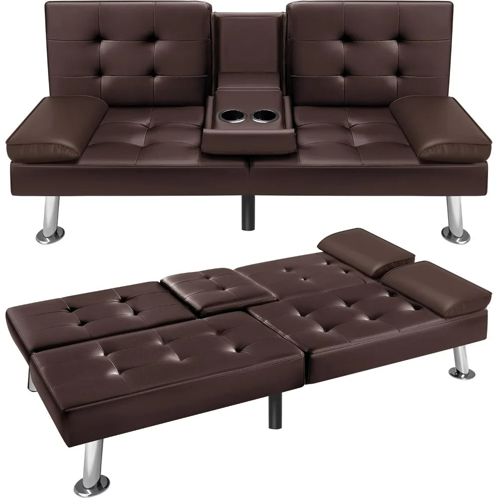 VICTONE Futon Sofa Bed Modern Faux Leather Couch Bed Convertible Folding Recliner for Living Room with 2 Cup Holders and Armrest