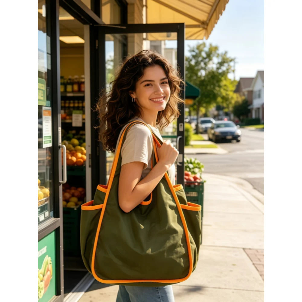 Reusable Grocery Bag Foldable Shopping Bag with Pocket Extra Wide Handle Portable Durable Washable Tote Bags