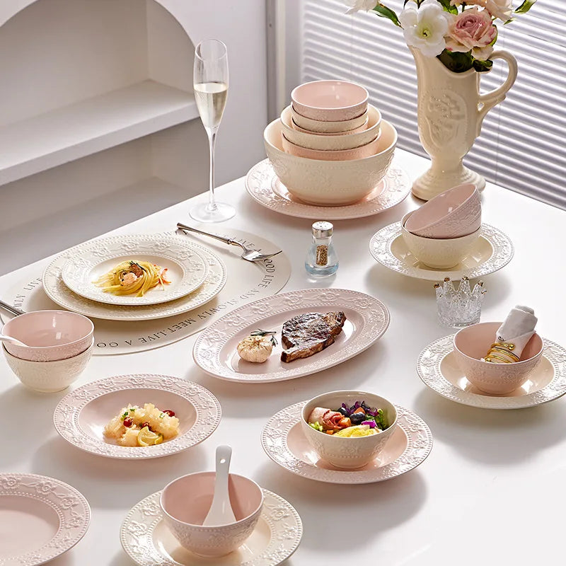 Relief French‑cream ceramic set — a high‑value household combo with rice bowl, vegetable plate, and matching chopsticks.