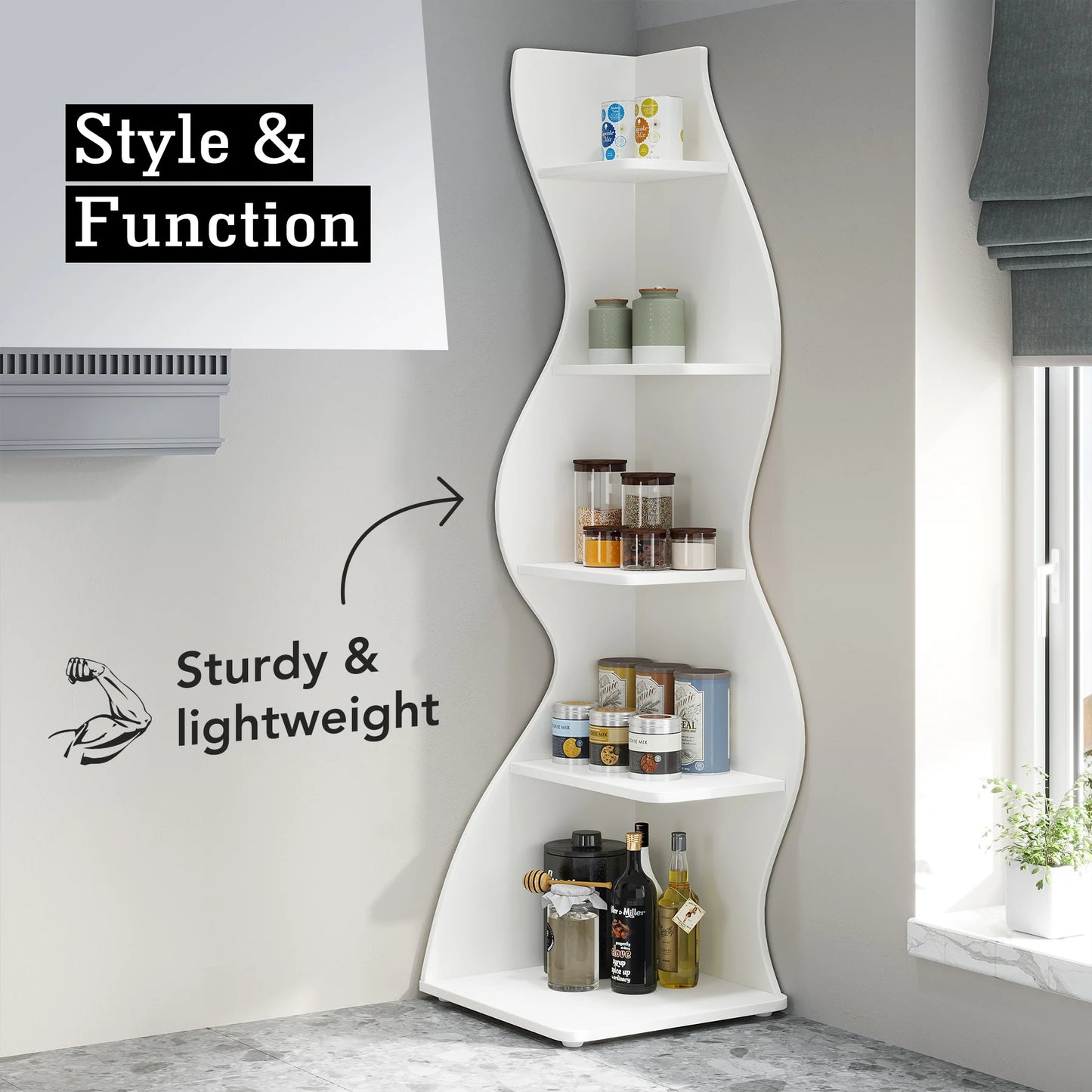 Tribe signs Corner Shelf, Modern 5-Tier Wall Corner Bookshelf, Stylish Corner Small Bookcase Storage Rack Plant Stand