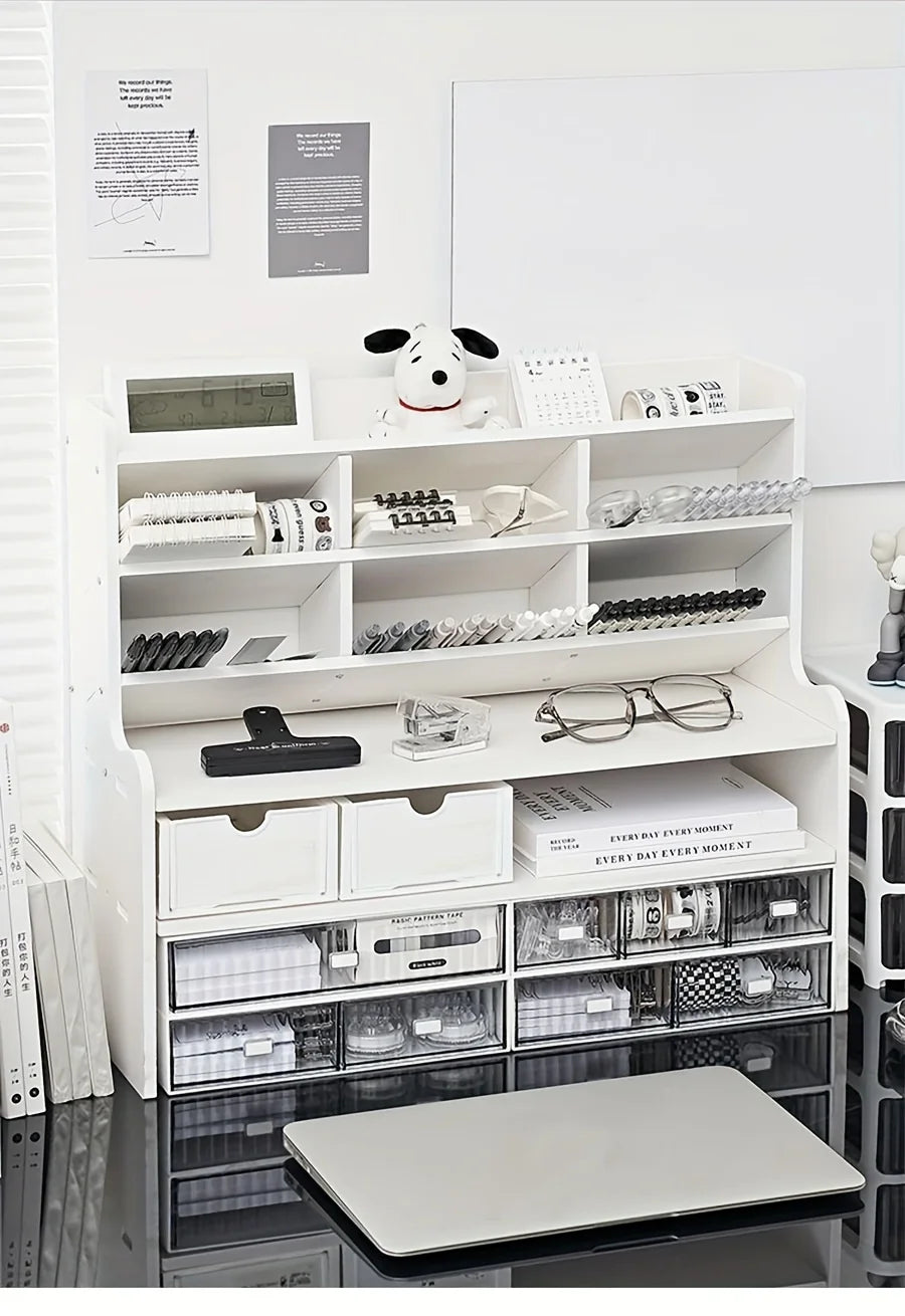 1PC 2-Tier Desk Organizer & Drawer Storage, With Tilt Pen Holder, Raised Bookshelf |Matte White PVC For Stationery, Cosmetics,