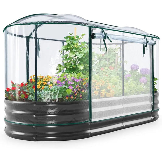 Galvanized Oval Planter Garden Box for Outdoor Gardening, Vegetables, Flowers, Clear Cover