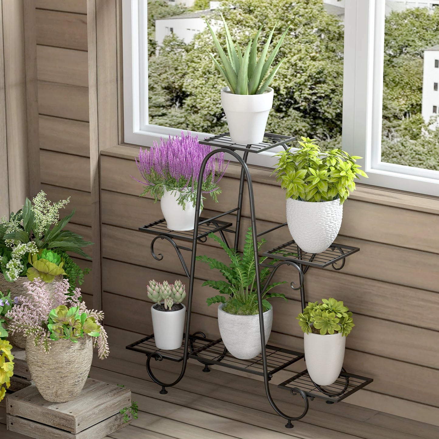 6‑Tier Metal Plant Stand, indoor/outdoor, anti‑rust, black, and perfect for boutique‑clean home & patio styling