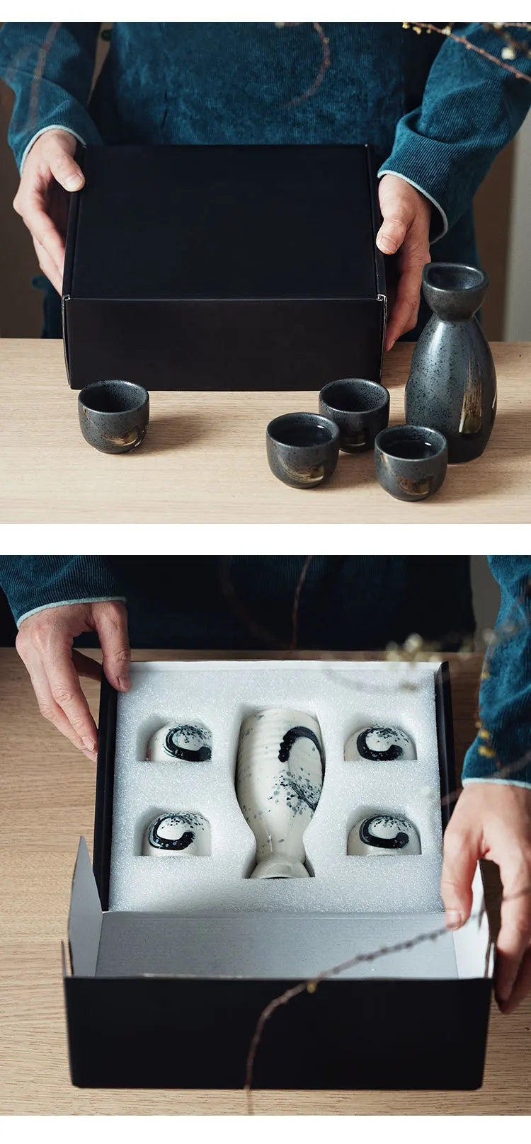 Japanese‑style ceramic sake pot and cups set — a creative bar piece with a Chinese wine separator, perfect for baijiu, sake, or home entertaining