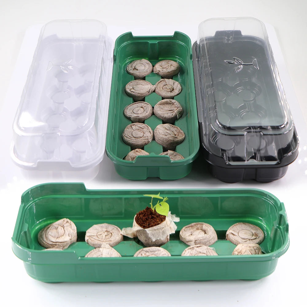 10‑Cell Seedling Trays Germination Box with Nursery Block Peat Pellets & Transparent Cover.