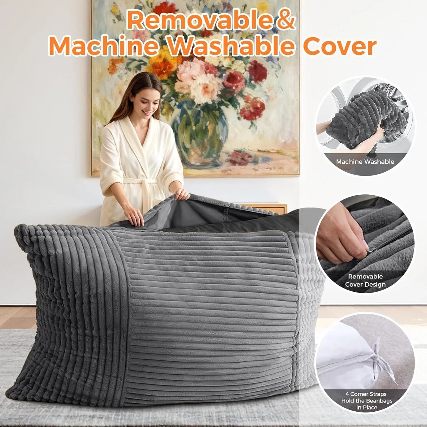 Comfortable 3 in 1 Convertible Bean Bag Chair Bed for Adults and Kids Oversized Memory Foam Floor Sofa with Washable Cover