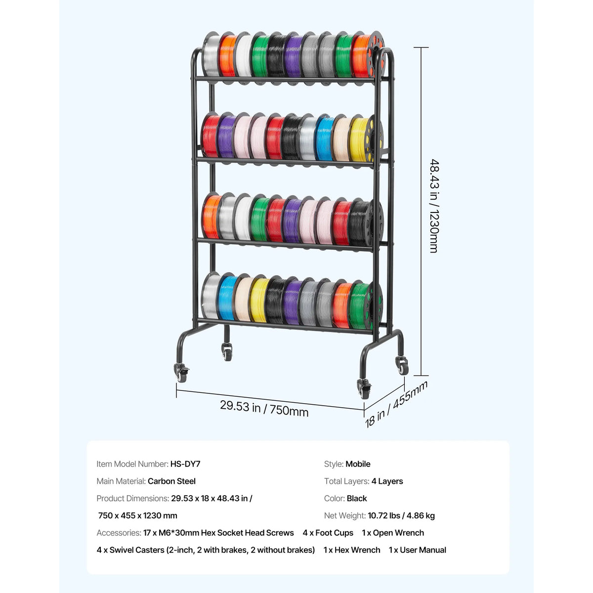 4 Tier 3D Printer Filament Rolling Filament Spool Storage Rack with Wheels for Office Workshop 3D Printing Station