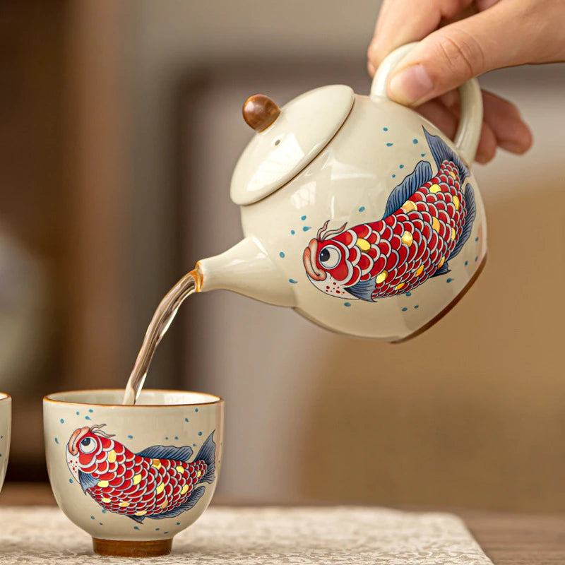 Chinese Arowana ceramic teapot with matching retro Kung Fu teacup — perfect for collectors, tea lovers, and elegant household décor