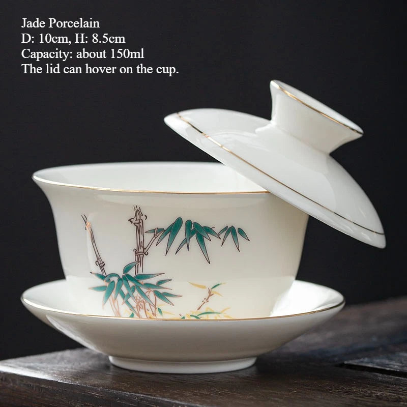 Jingdezhen-Chinese Gaiwan Tea Bowl, Household Porcelain Cups, Beautiful Teaware Teacup and Saucer Set, Ceramic Drinkware Tureen
